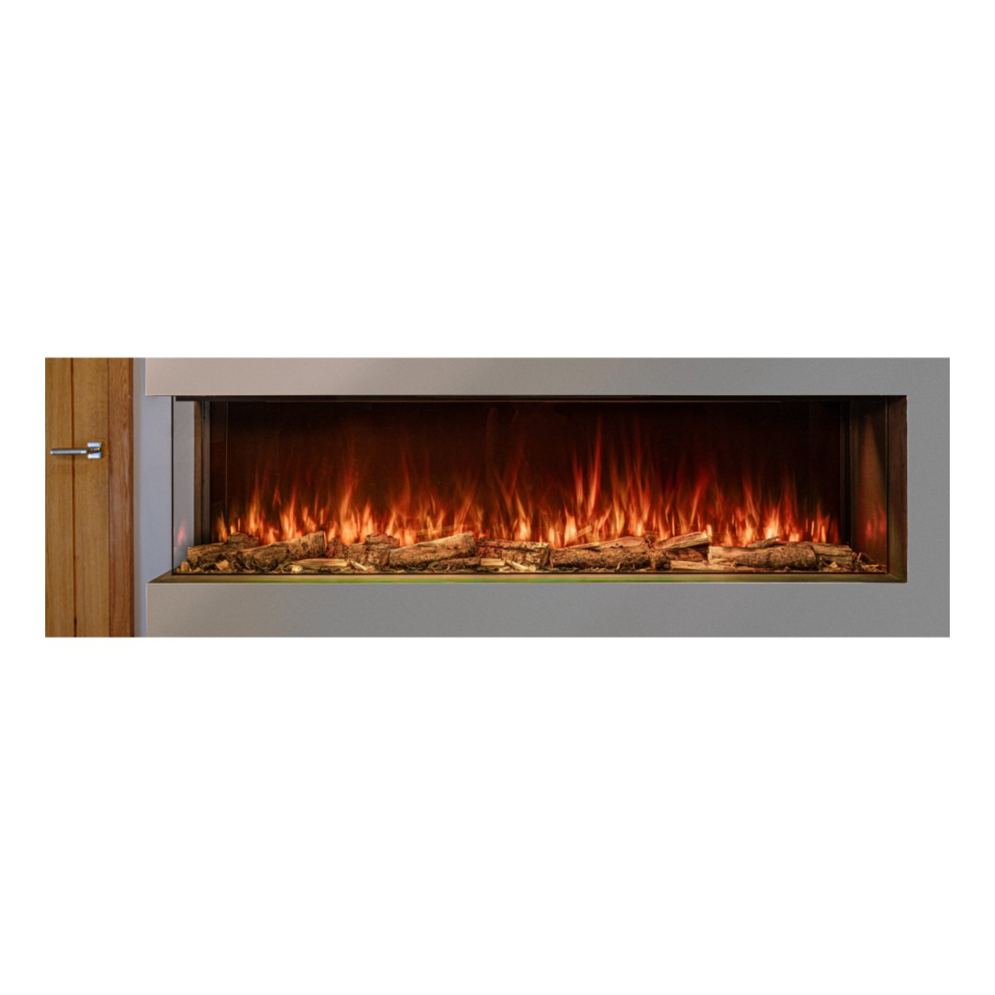Woodford Hestia 50-inch three-sided electric fire with realistic orange flames and a log fuel bed in a grey surround.