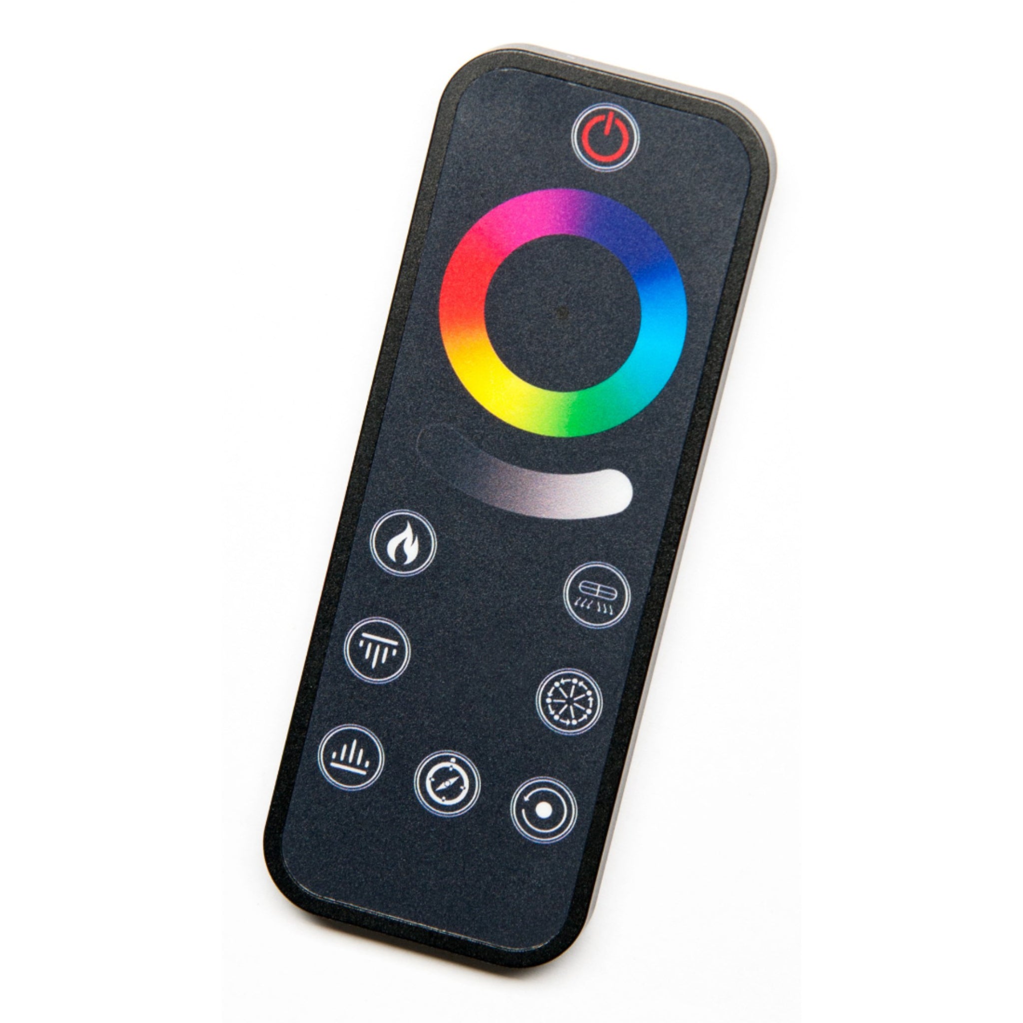 Black remote control for Woodford Hestia electric fire with a circular colour wheel and white function icons.