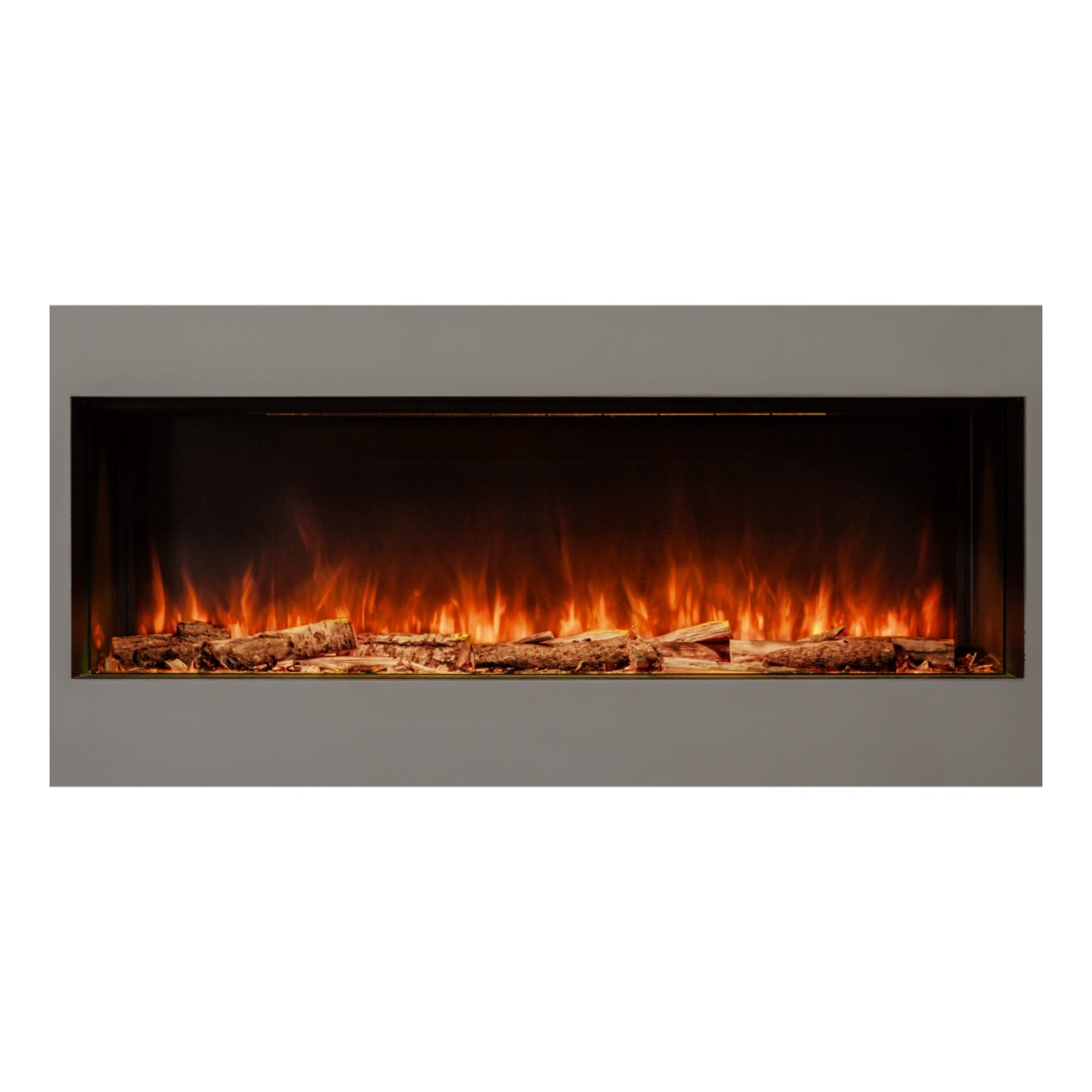 Woodford Hestia 72 inch electric fire with a grey surround and realistic glowing log fuel bed.