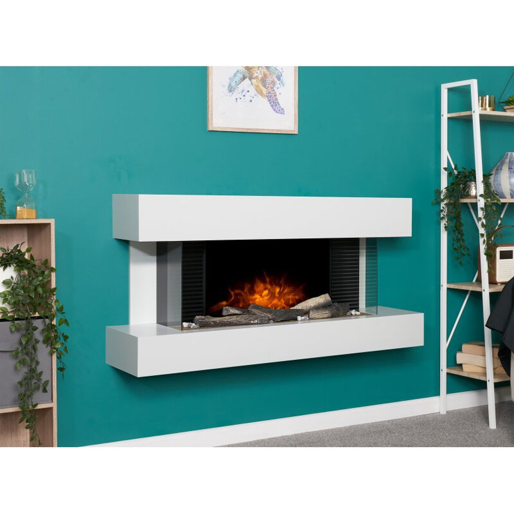 48 inch wall mounted electric suite with a white finish and glass-sided firebox featuring a realistic log flame effect.