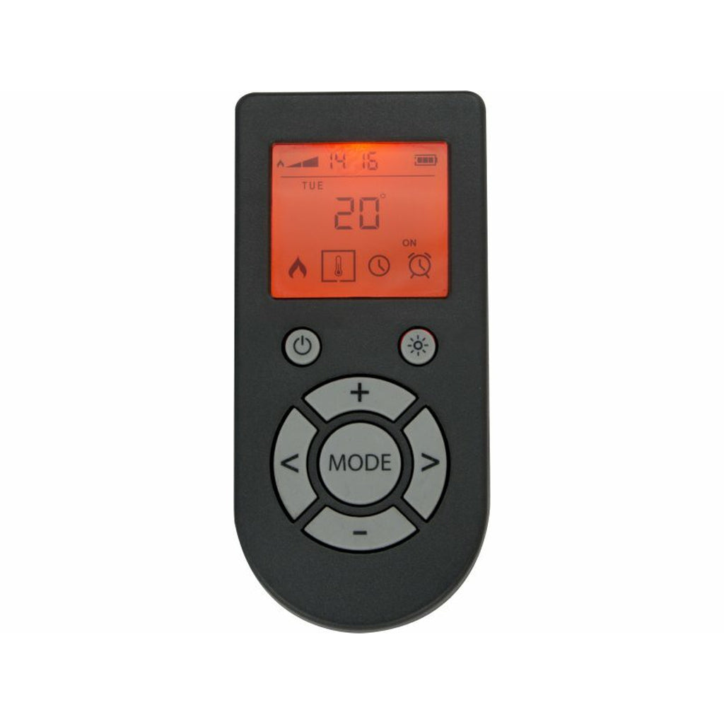 Black remote control for 48 Inch Wall Mounted Electric Suite with orange backlit LCD screen and circular buttons.