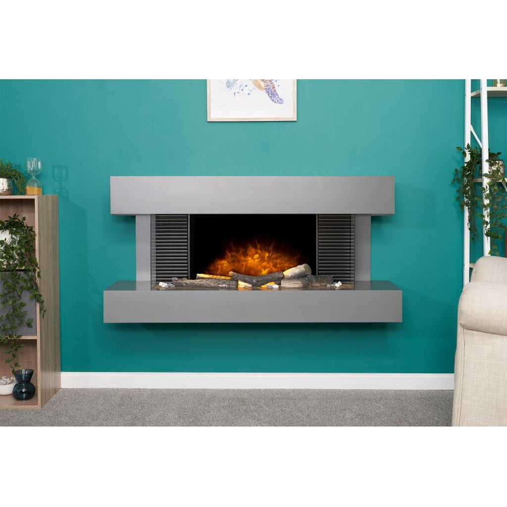 48 inch wall mounted electric suite with a grey finish, black slatted side panels, and a realistic log flame effect.