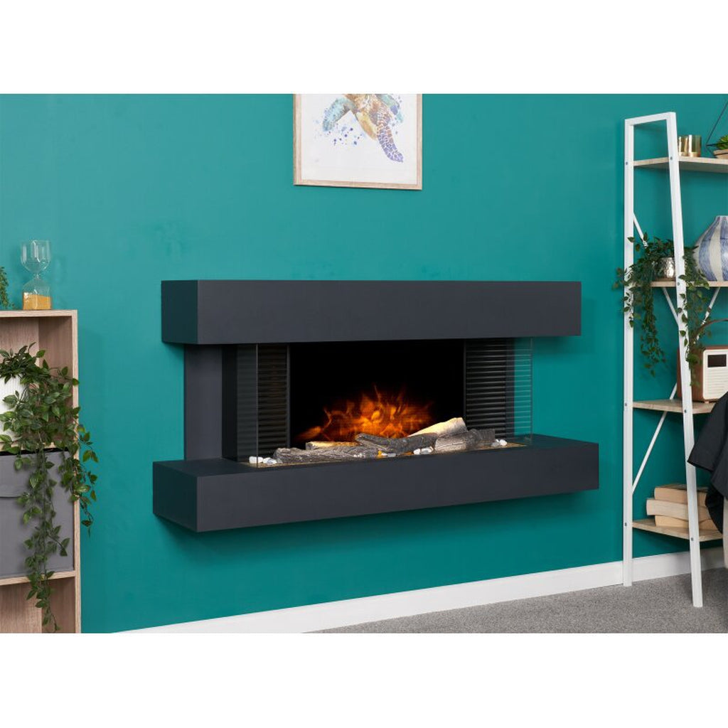 48 inch wall mounted electric suite in matte black with a three-sided glass fire display and realistic log fuel bed.