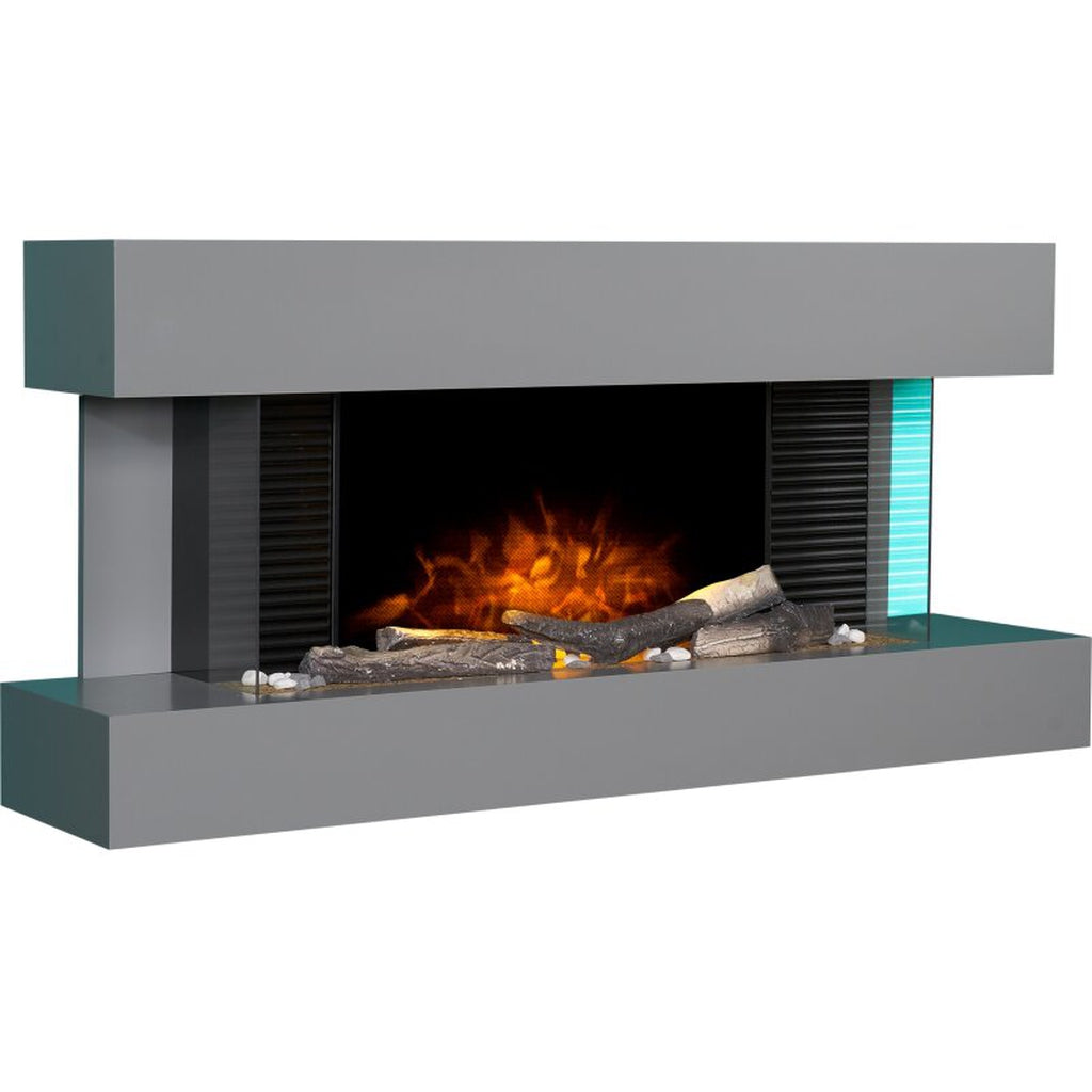 48 inch wall mounted electric suite with grey finish, log fuel bed, and glowing orange flame effect.