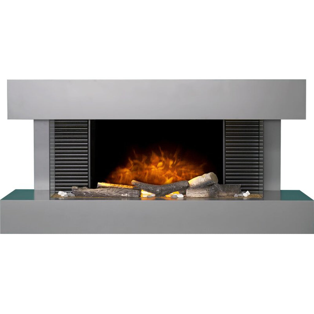 48 inch wall mounted electric suite with a grey frame, black ribbed side panels, and a glowing log fire effect.