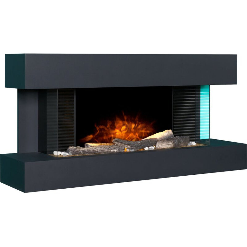 48 inch wall mounted electric suite in matte black with a realistic log fuel bed and integrated blue side lighting.