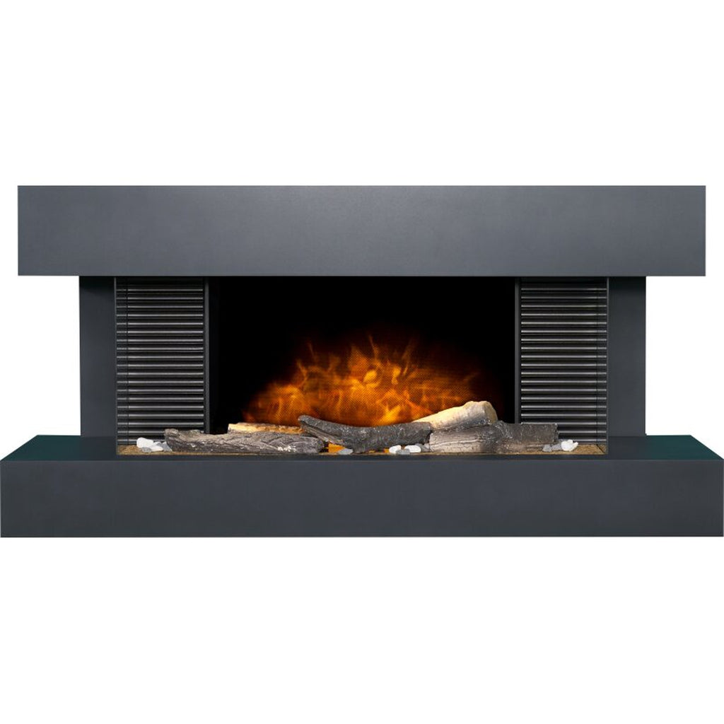 48 inch wall mounted electric suite with a black frame, ribbed side panels, and a glowing log fire effect.
