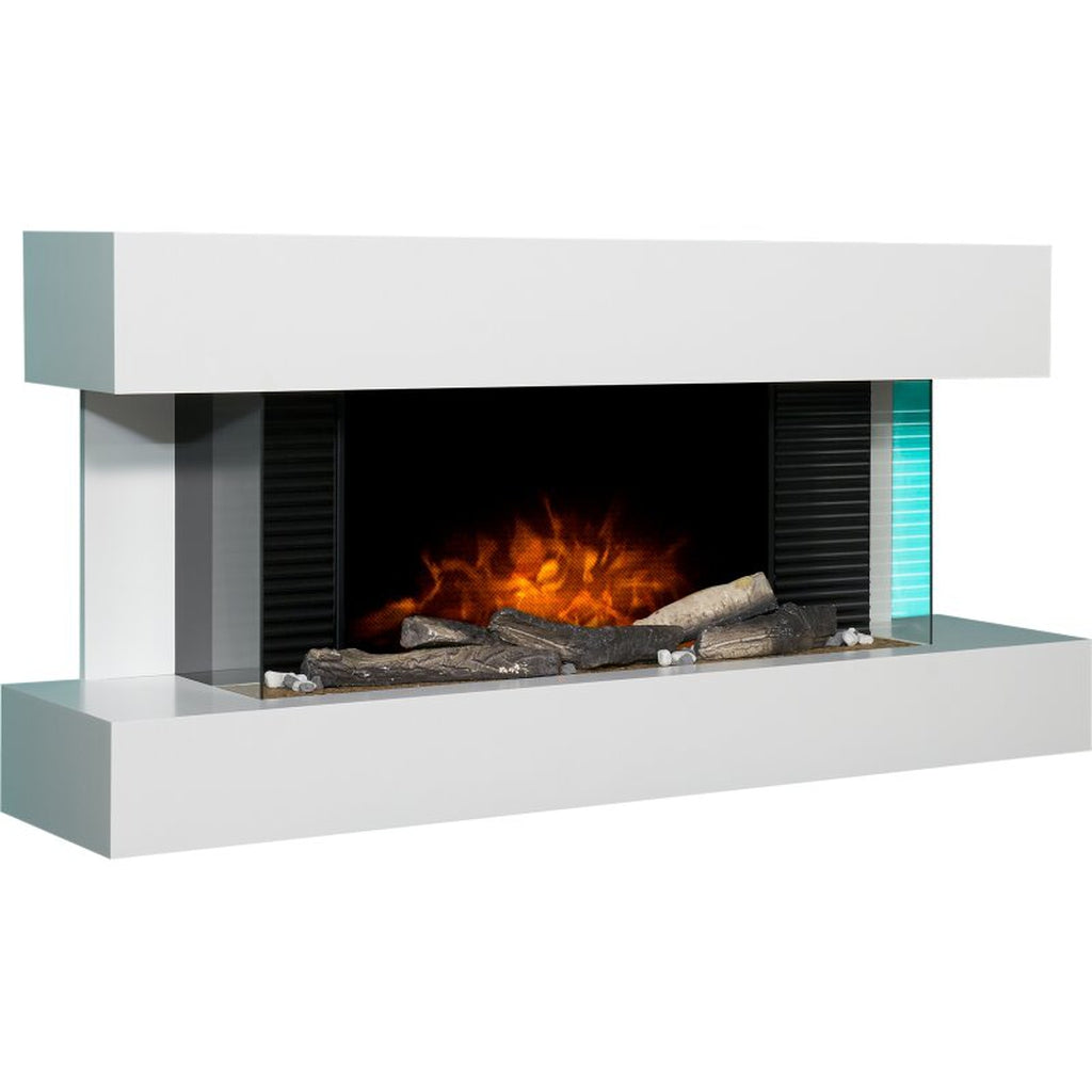 48 inch white wall mounted electric suite with a realistic log fuel bed, black interior, and blue side lighting.