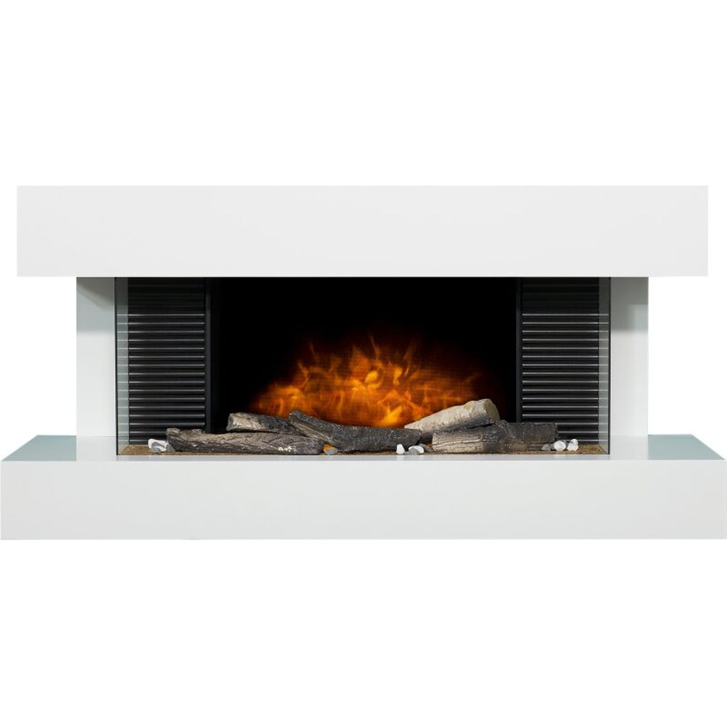 48 inch white wall mounted electric suite with a realistic log fuel bed and glowing orange flame effect.