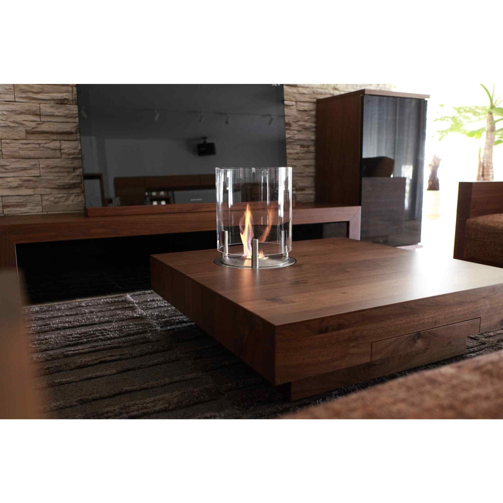 EcoSmart Fire AB3 ethanol burner with a glass surround and visible flame, set on a low wooden coffee table.