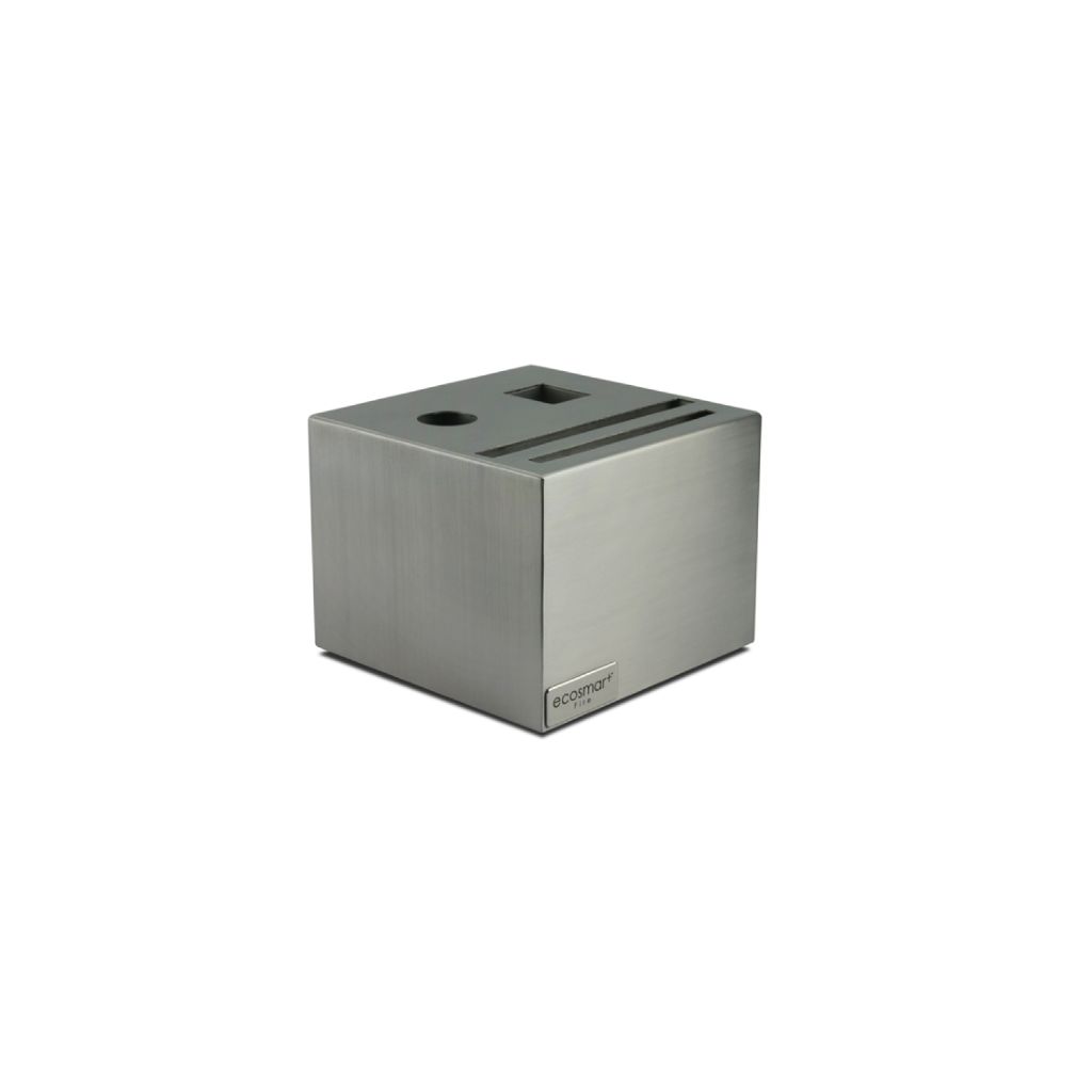 Brushed stainless steel EcoSmart Fire Accessory Holder with a square, minimalist design and top storage slots.