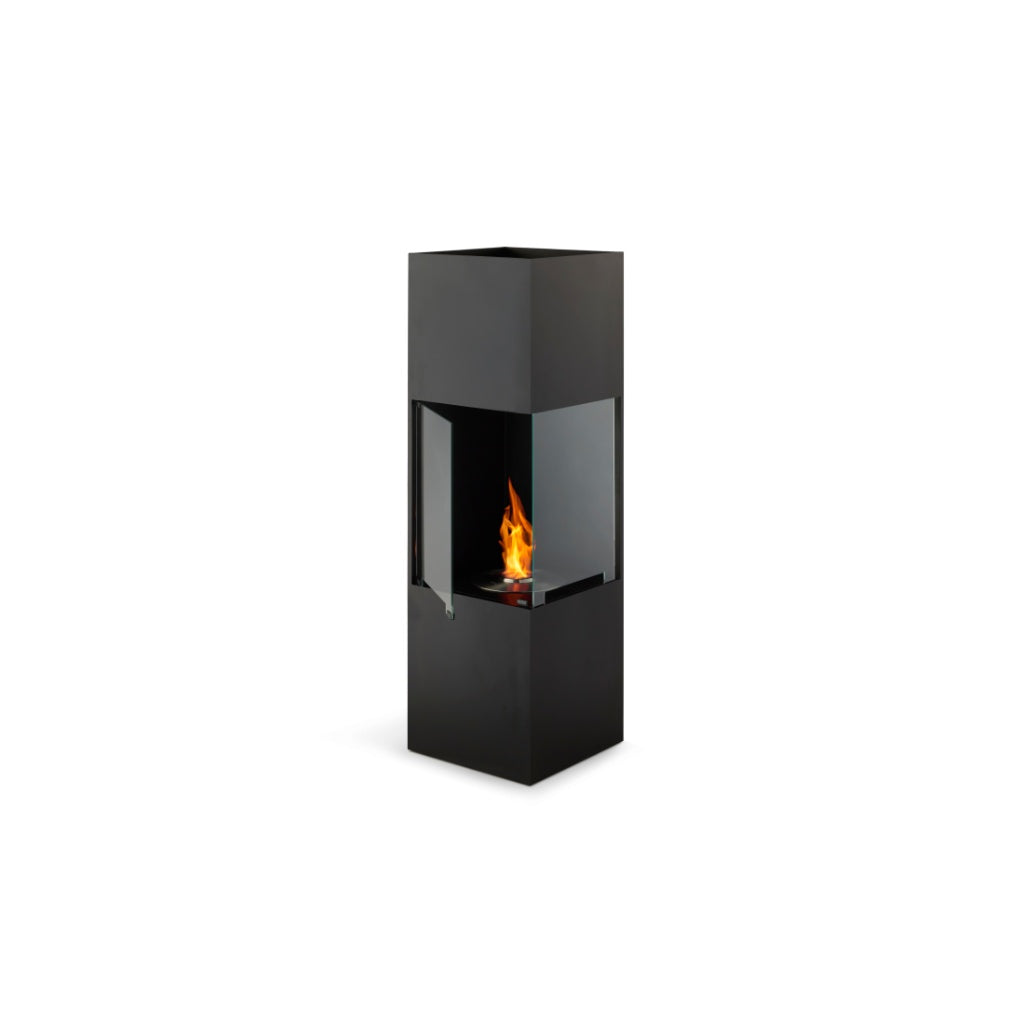 EcoSmart Fire BE bioethanol fireplace in a tall, matte black square design with a glass-enclosed flame.