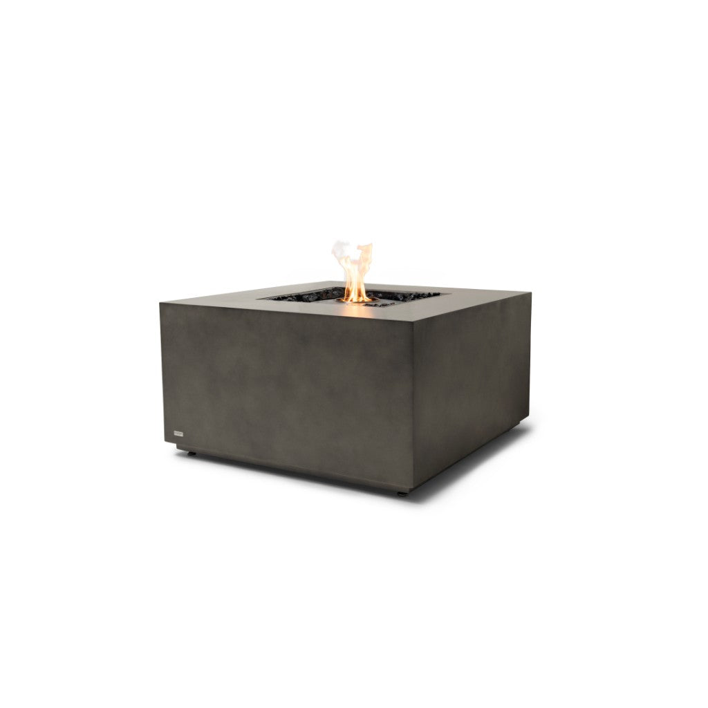 EcoSmart Fire Chaser 38 bioethanol fire pit table in a square, grey concrete finish with a central flame.