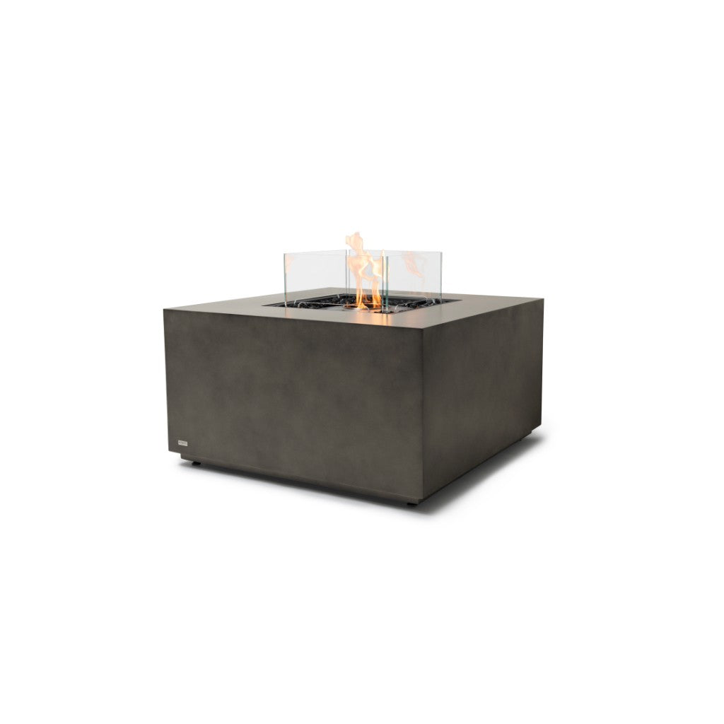 EcoSmart Fire Chaser 38 bioethanol fire pit table in grey concrete with a square glass flame guard.