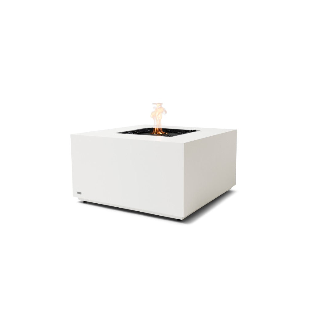 EcoSmart Fire Chaser 38 bioethanol fire pit table in white with a square base and central flame on a white background.