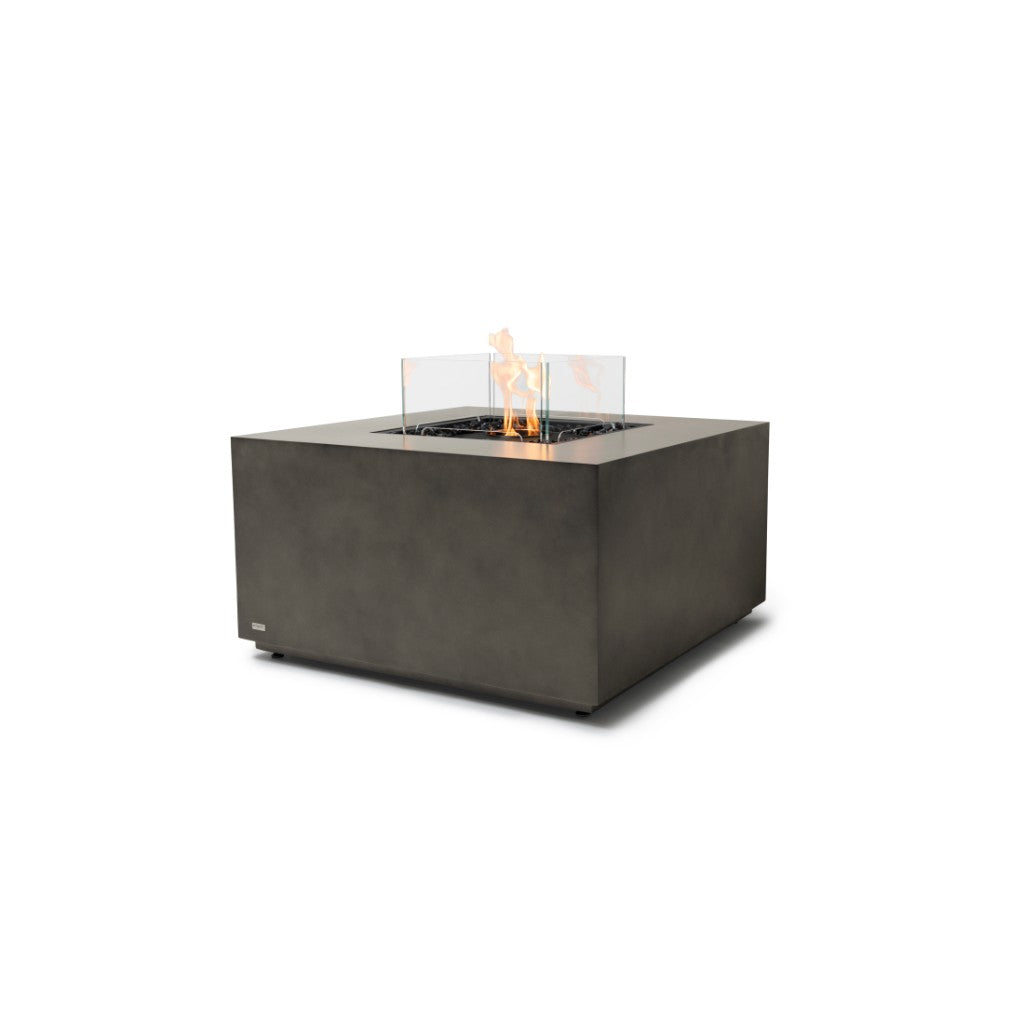 EcoSmart Fire Chaser 38 bioethanol fire pit table in grey concrete with a square glass flame screen.