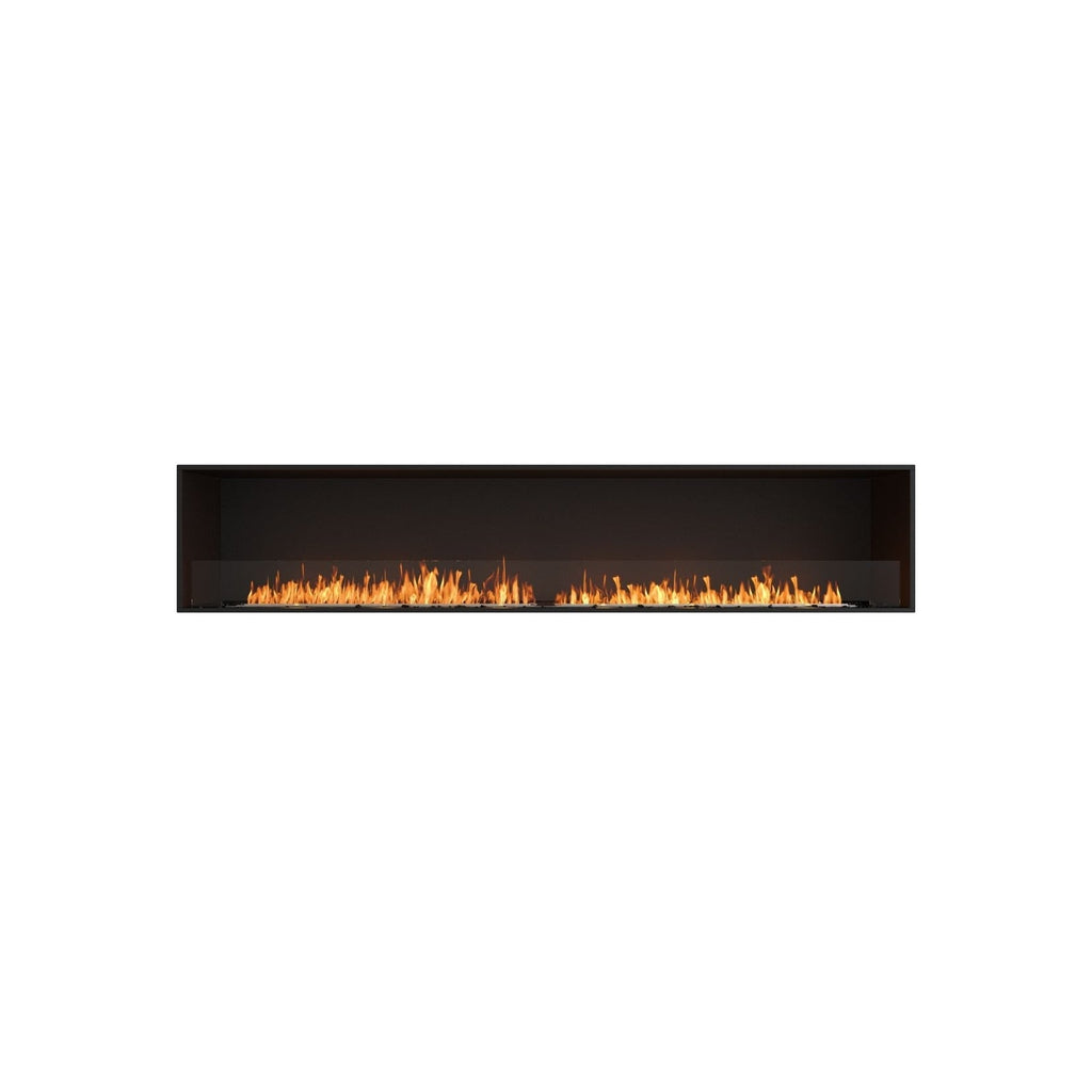 EcoSmart Fire Flex 104 bioethanol fireplace with a long, linear flame inside a sleek black rectangular frame.