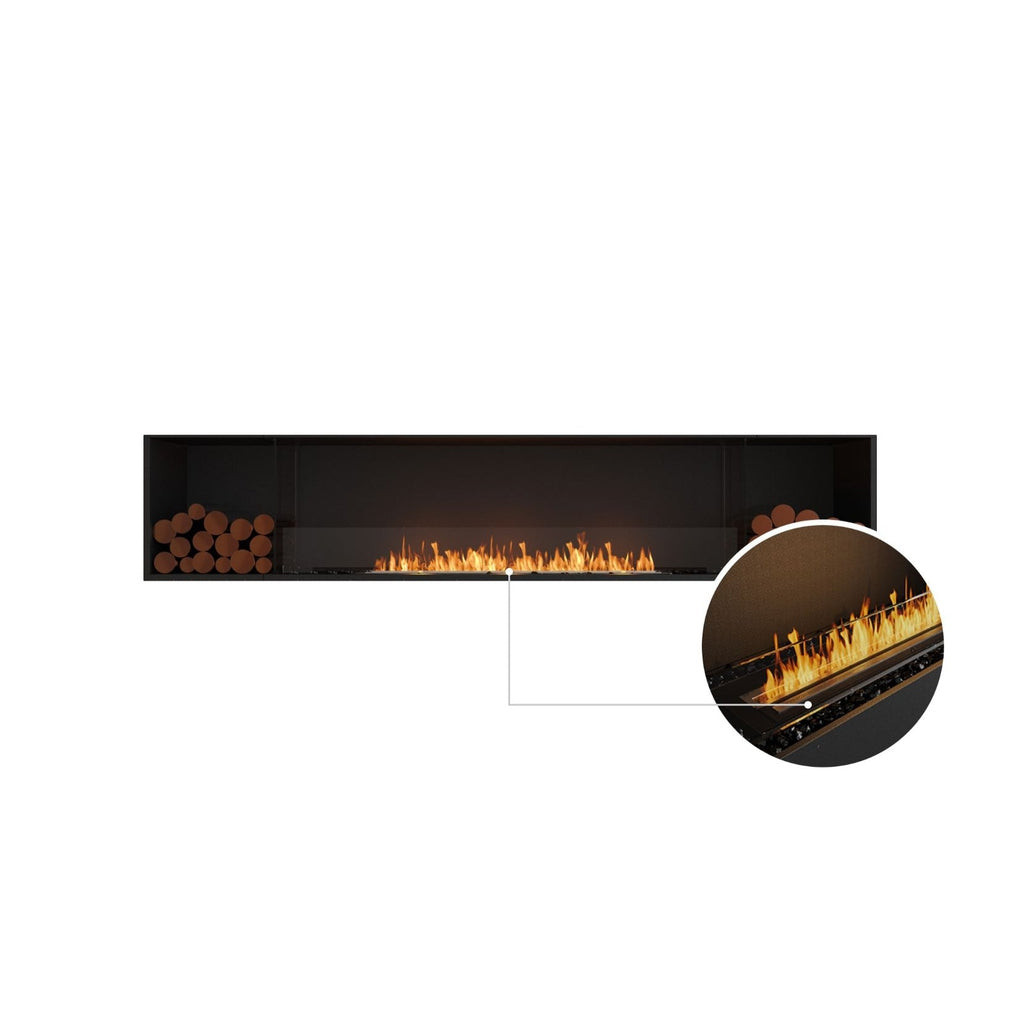 EcoSmart Fire Flex 104 black linear bioethanol fireplace with a glass screen, decorative logs, and a close-up flame detail.