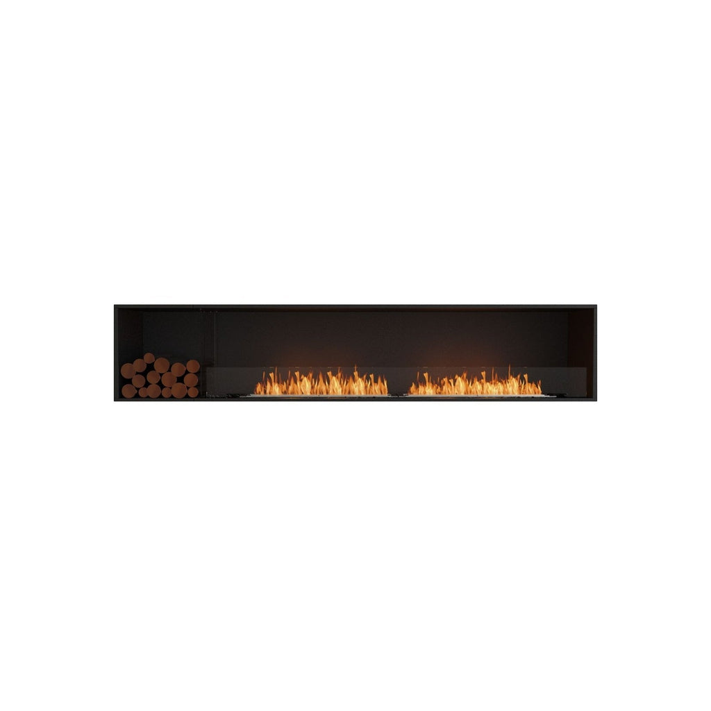 EcoSmart Fire Flex 104 bioethanol fireplace with a black frame, decorative logs, and a long linear orange flame.