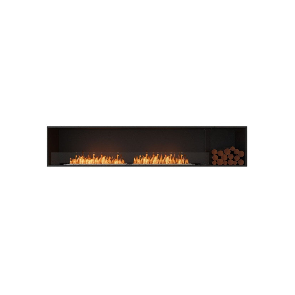 EcoSmart Fire Flex 104 bioethanol fireplace with a long black frame, two linear flames, and decorative logs on the right.
