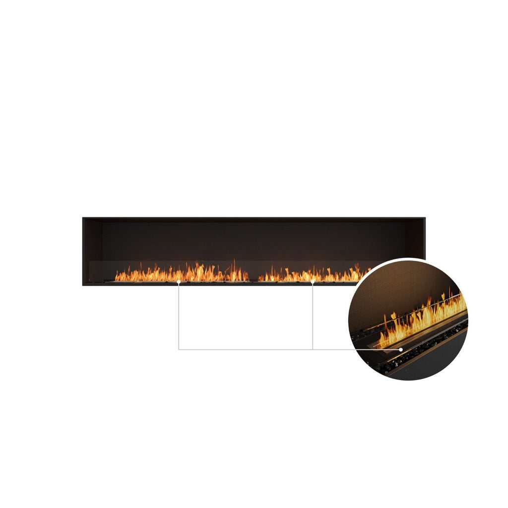 EcoSmart Fire Flex 104 bioethanol fireplace with a long black frame, glass screen, and a circular close-up of the flames.