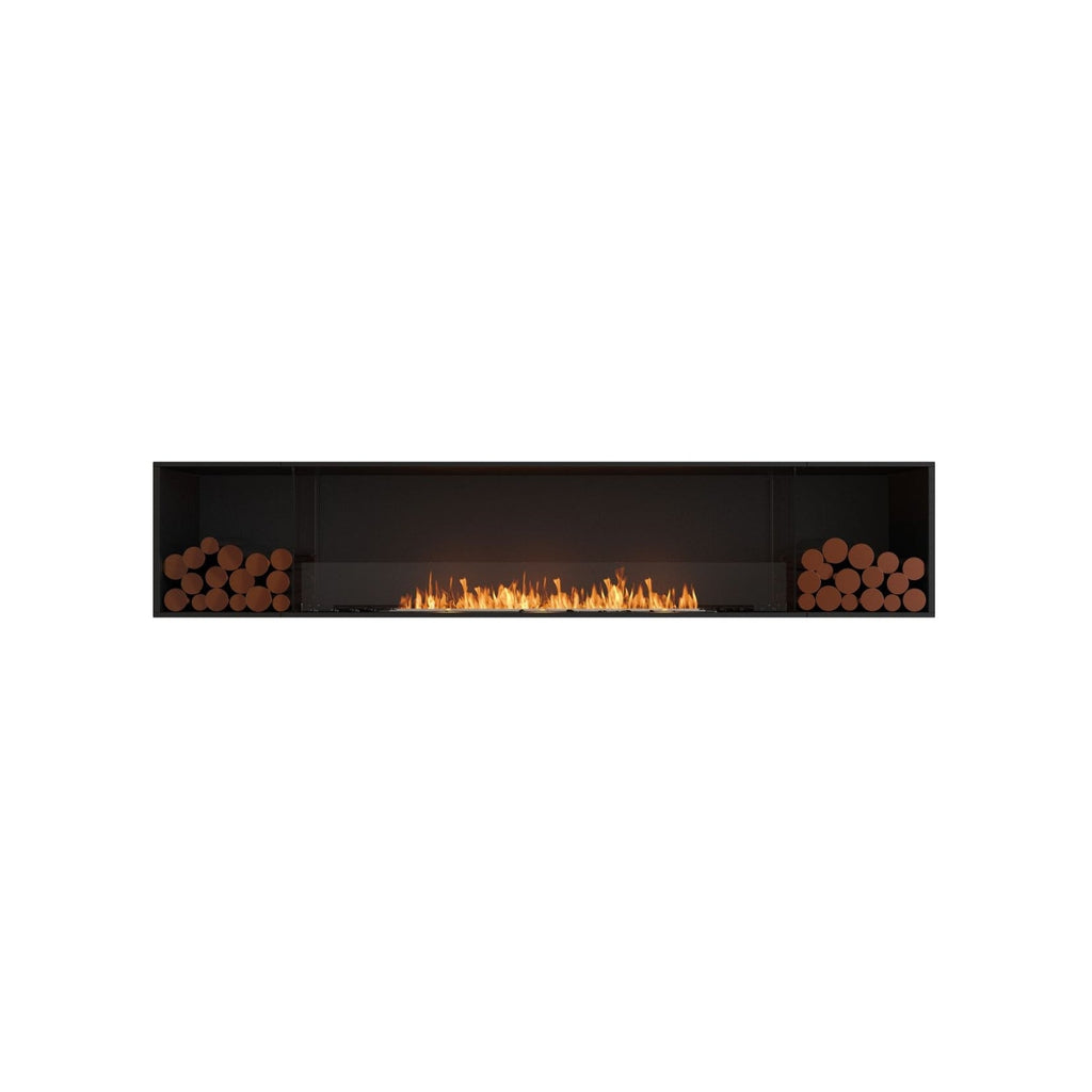 EcoSmart Fire Flex 104 bioethanol fireplace with a black frame, central flame, and decorative logs on both sides.