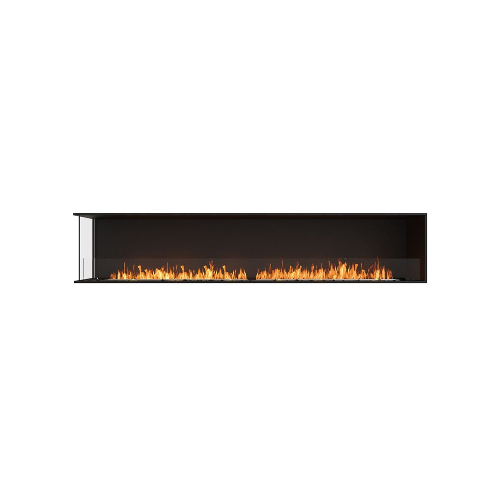 EcoSmart Fire Flex 104 black linear bioethanol fireplace with a long, continuous flame behind a glass screen.