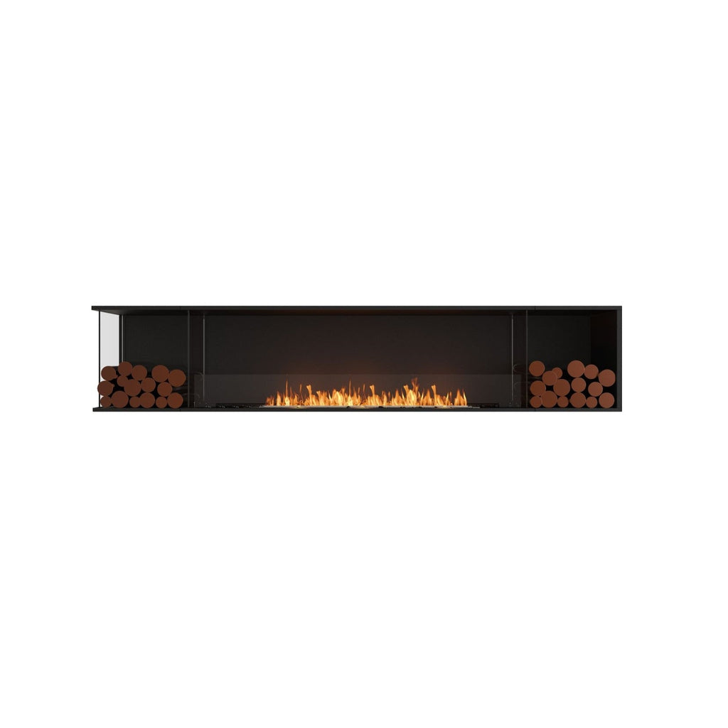 EcoSmart Fire Flex 104 bioethanol fireplace with a black frame, glass screen, and decorative logs on both sides.