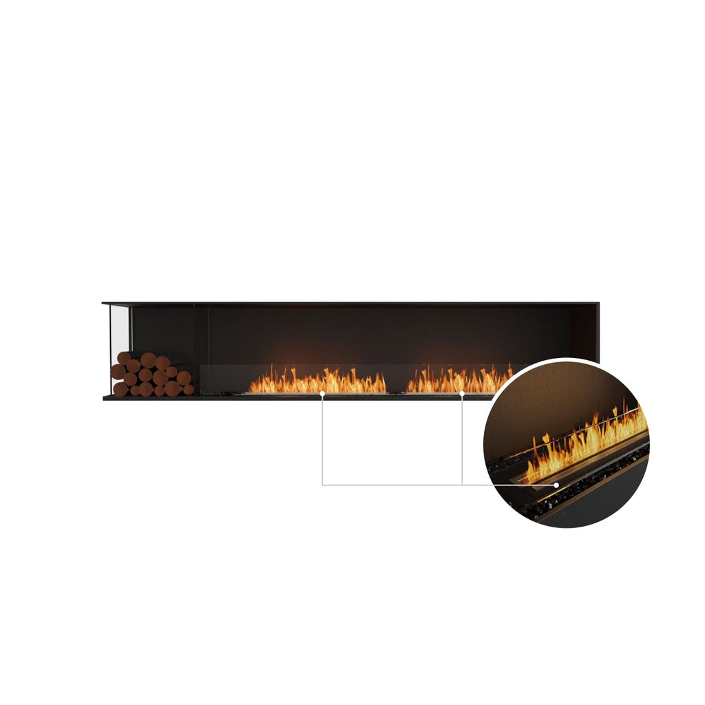 EcoSmart Fire Flex 104 black linear bioethanol fireplace with a glass screen, side log storage, and flame detail inset.