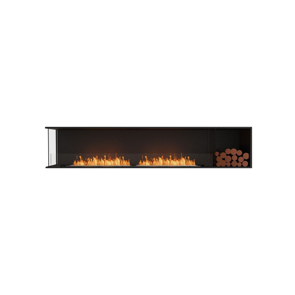 EcoSmart Fire Flex 104 bioethanol fireplace with a black frame, glass screen, linear flames, and decorative log storage.