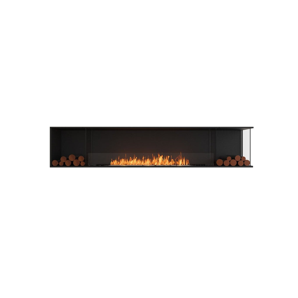EcoSmart Fire Flex 104 bioethanol fireplace with a black frame, glass screen, and decorative logs on a white background.