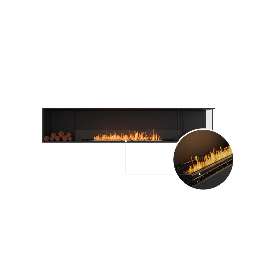 EcoSmart Fire Flex 104 black linear bioethanol fireplace with a glass screen, decorative logs, and a close-up burner detail.