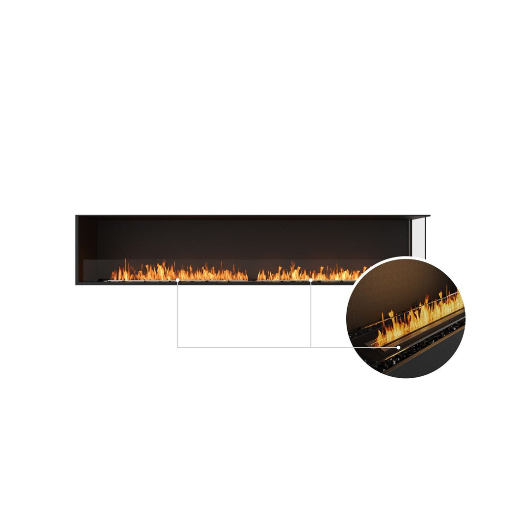 EcoSmart Fire Flex 104 bioethanol fireplace with a black finish, glass screen, and a circular close-up of the flames.