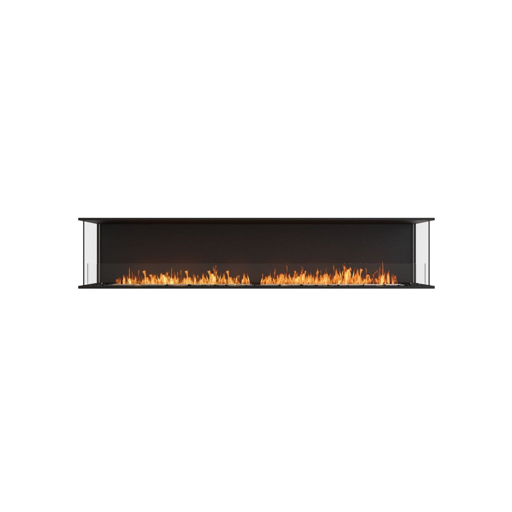 EcoSmart Fire Flex 104 bioethanol fireplace with a long, linear black frame and visible orange flames behind glass.