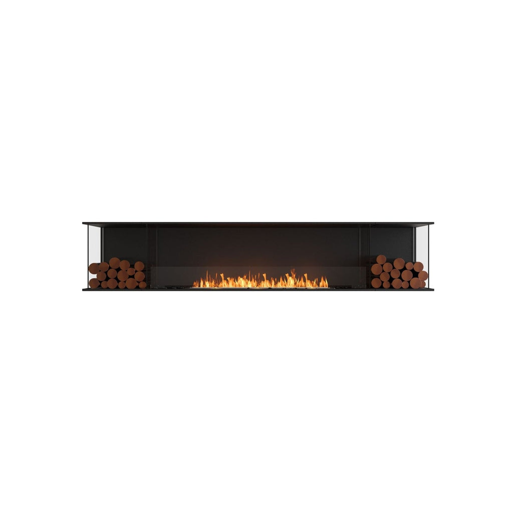EcoSmart Fire Flex 104 bioethanol fireplace with a black frame, glass sides, and decorative logs flanking the flame.