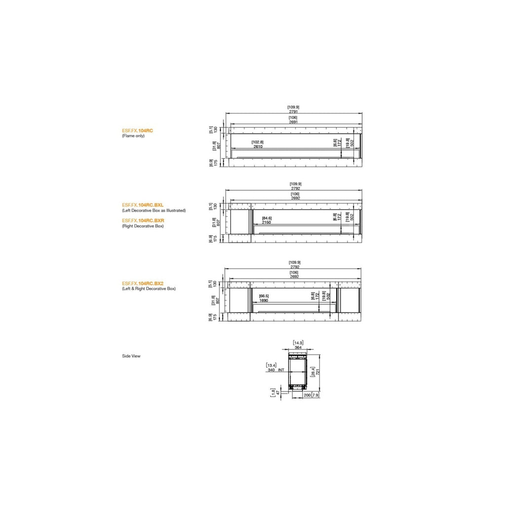 Technical line drawing showing dimensions and configurations for the EcoSmart Fire Flex 104 bioethanol fireplace.