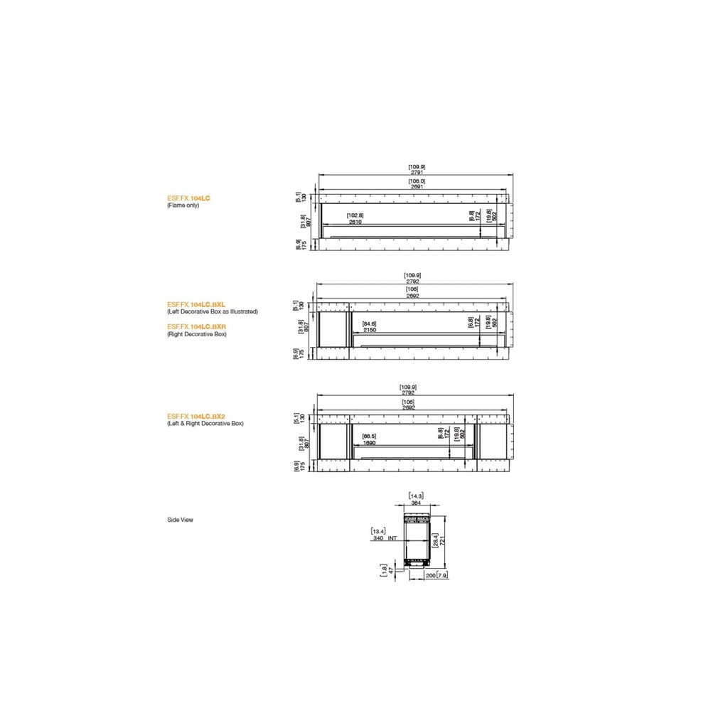 Technical line drawing of EcoSmart Fire Flex 104 showing dimensions for various fireplace insert configurations.
