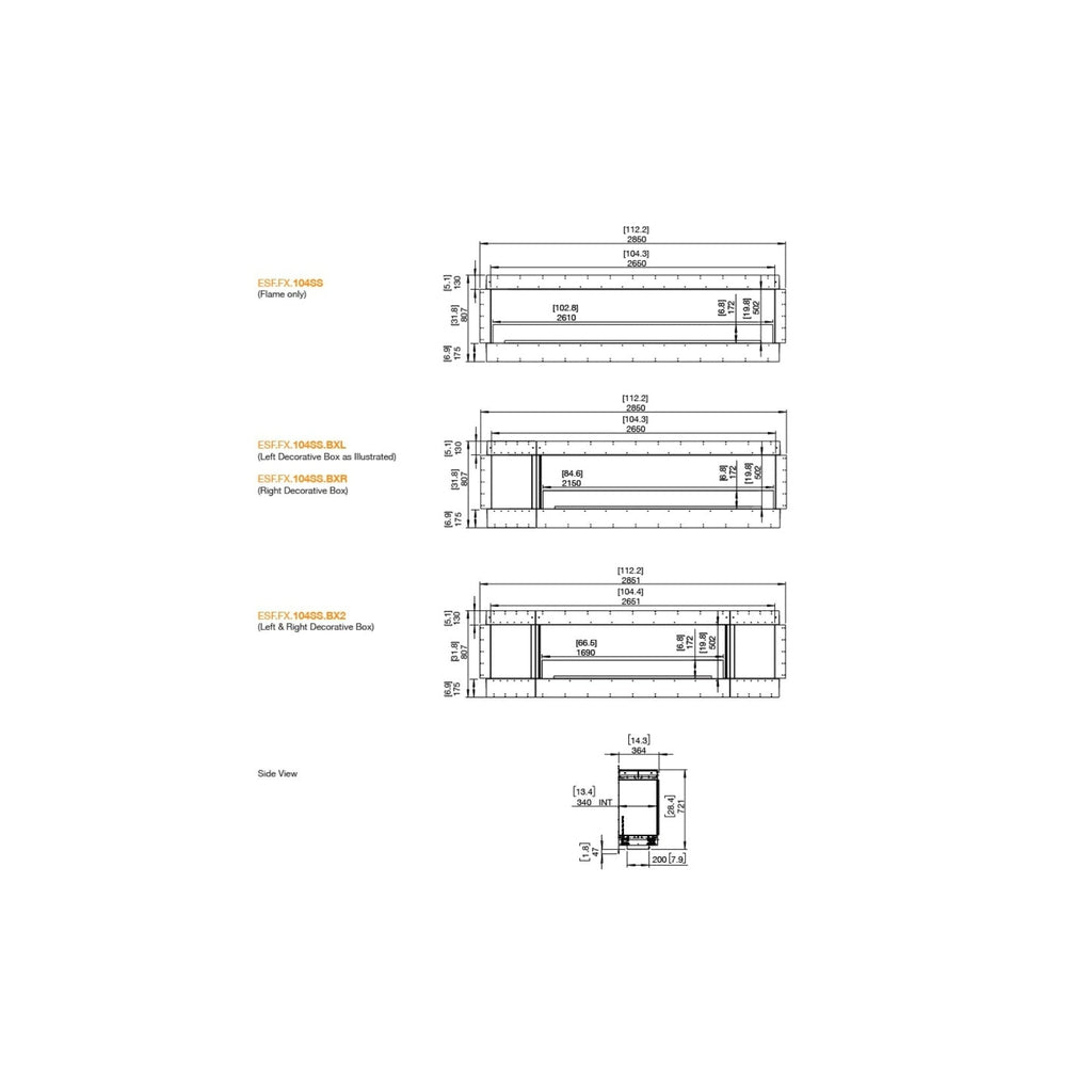 Technical line drawings showing dimensions for the EcoSmart Fire Flex 104 bioethanol fireplace insert configurations.