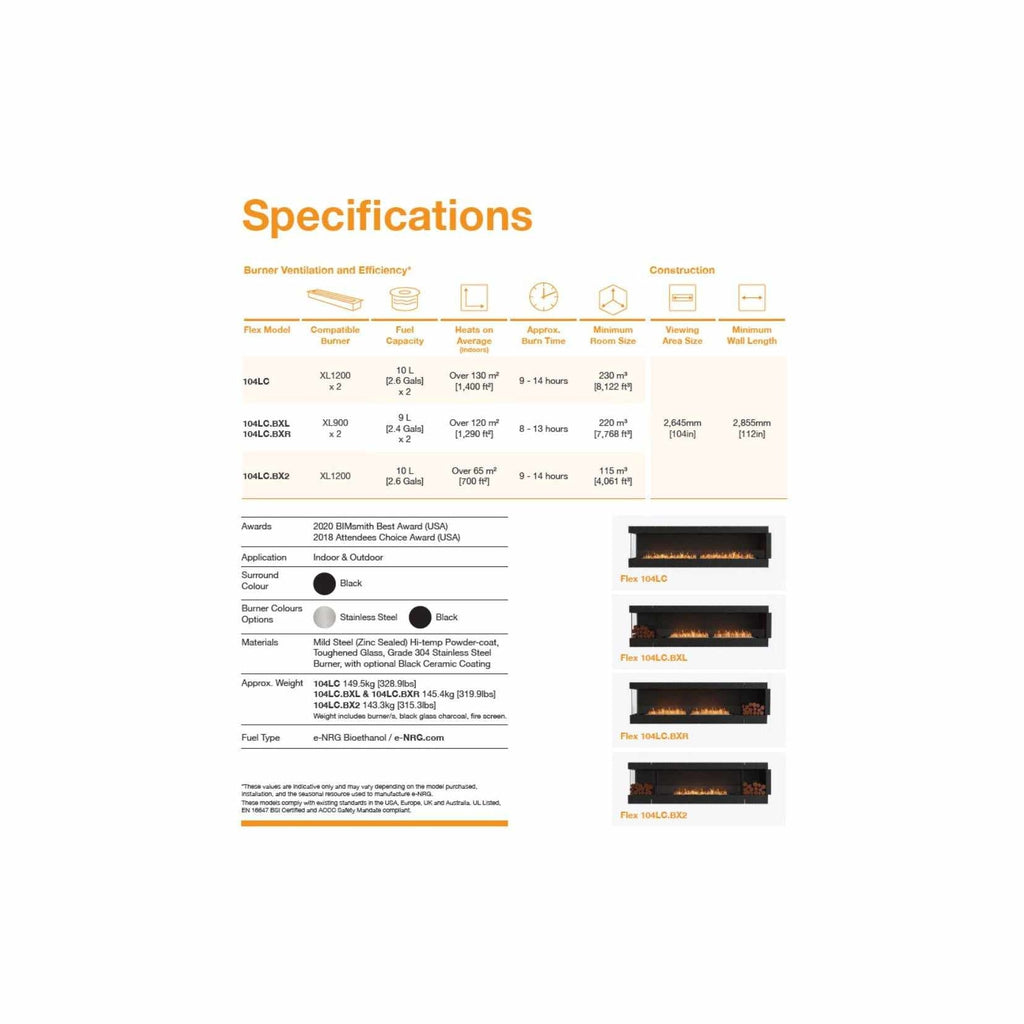EcoSmart Fire Flex 104 specification table showing technical data, burner options, and four black fireplace models.