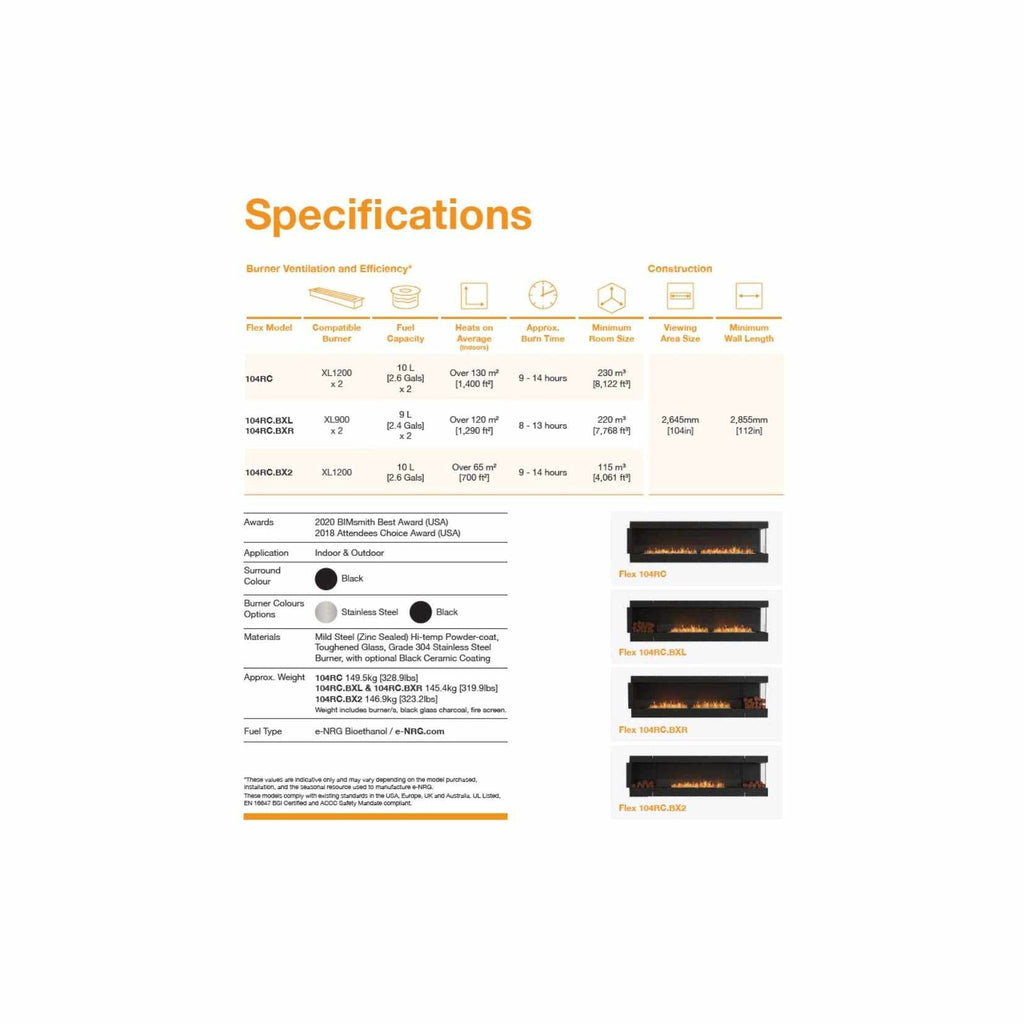 EcoSmart Fire Flex 104 specification chart with technical data and images of four black bioethanol fireplace models.
