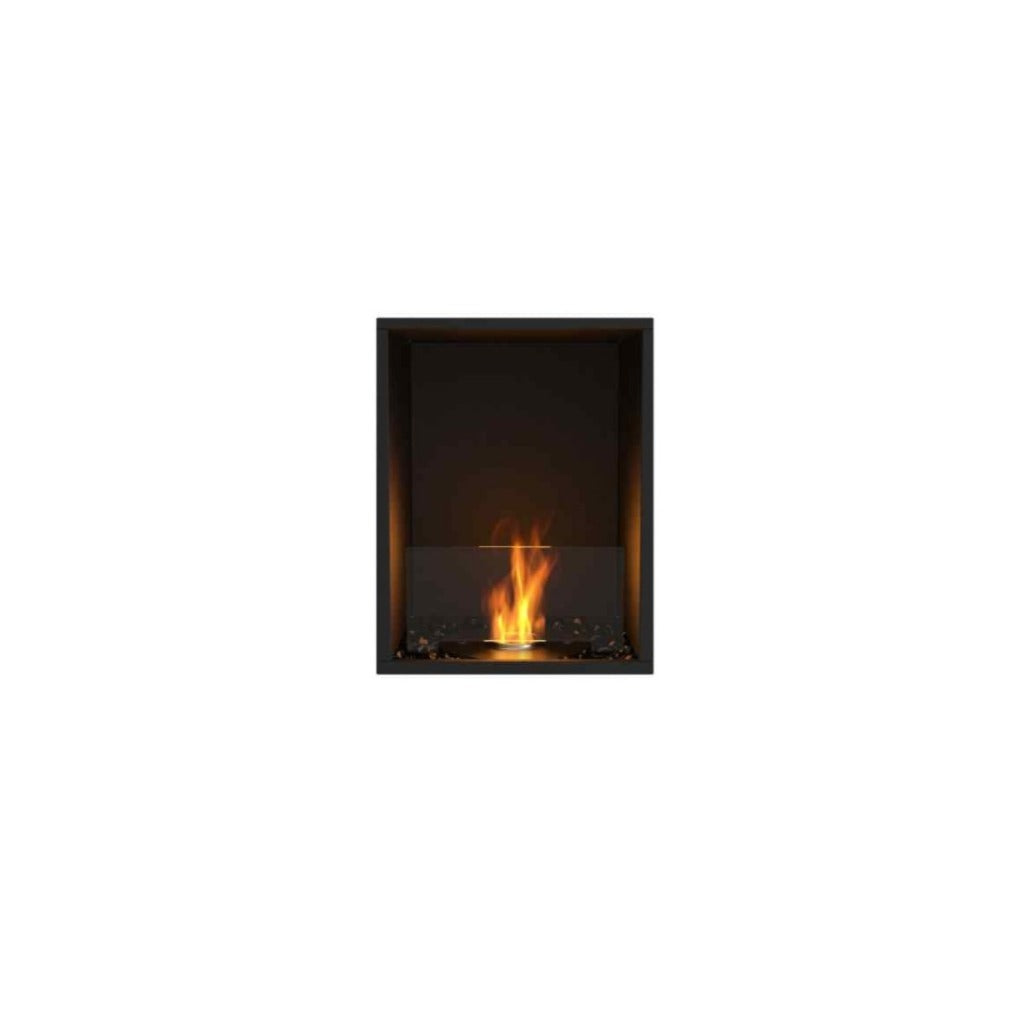 EcoSmart Fire Flex 18 bioethanol fireplace insert with a black frame, glass screen, and a central flickering flame.
