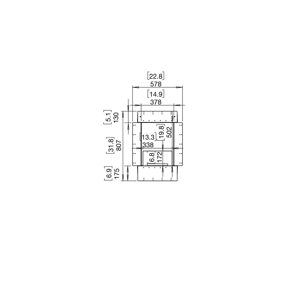 Technical line drawing of the EcoSmart Fire Flex 18 fireplace insert showing dimensions in millimetres and inches.