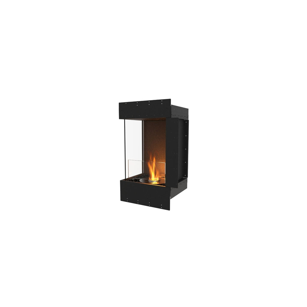 EcoSmart Fire Flex 18 bioethanol fireplace insert with a black frame, glass side panels, and a visible orange flame.