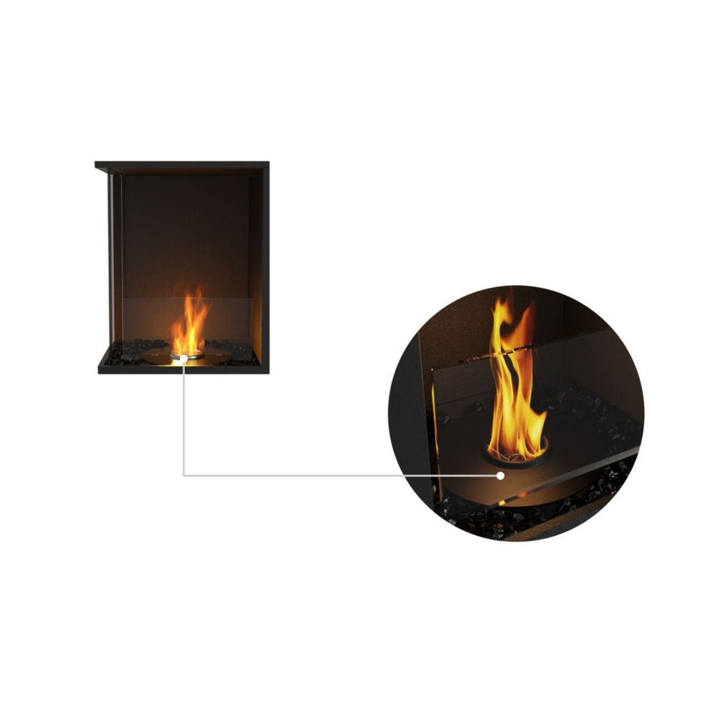 EcoSmart Fire Flex 18 bioethanol fireplace with black frame, glass screen, and a close-up of the burning flame.