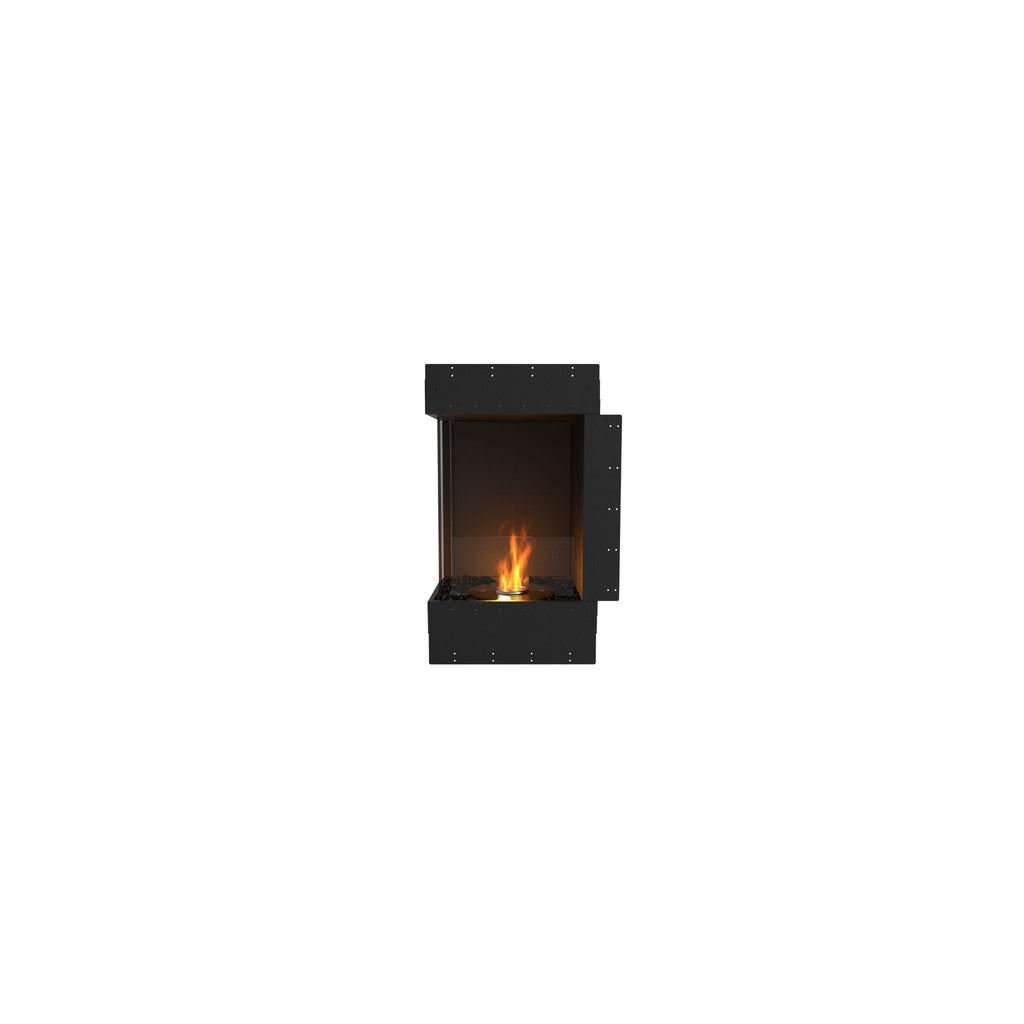 EcoSmart Fire Flex 18 bioethanol fireplace insert with a black frame, glass side panel, and a small flickering flame.