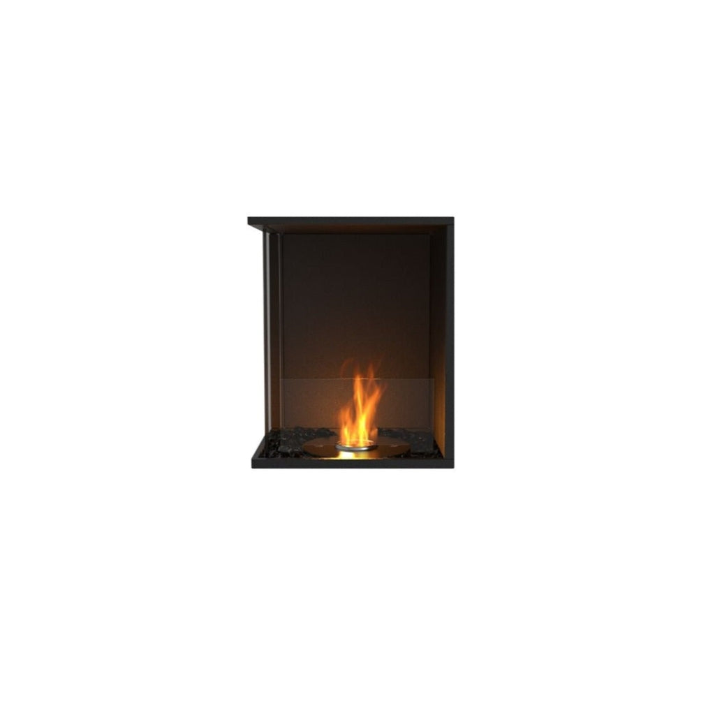 EcoSmart Fire Flex 18 bioethanol fireplace insert with a black frame, glass screen, and central dancing flame.