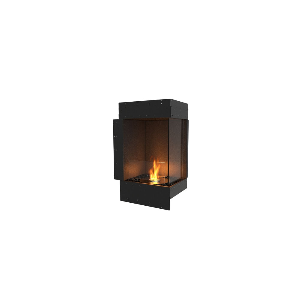EcoSmart Fire Flex 18 bioethanol fireplace with a black steel frame, glass side panels, and a central orange flame.
