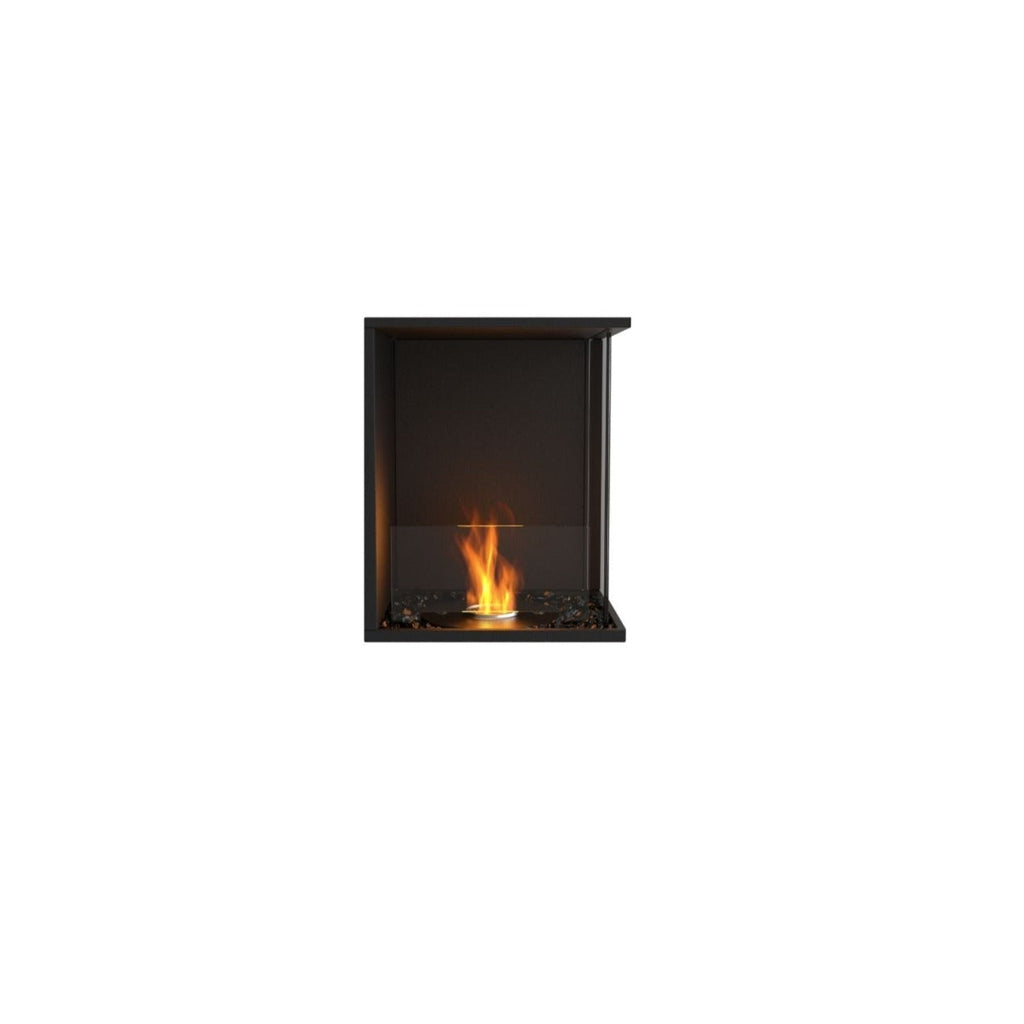 EcoSmart Fire Flex 18 bioethanol fireplace with a black frame, glass front, and a single flickering orange flame.