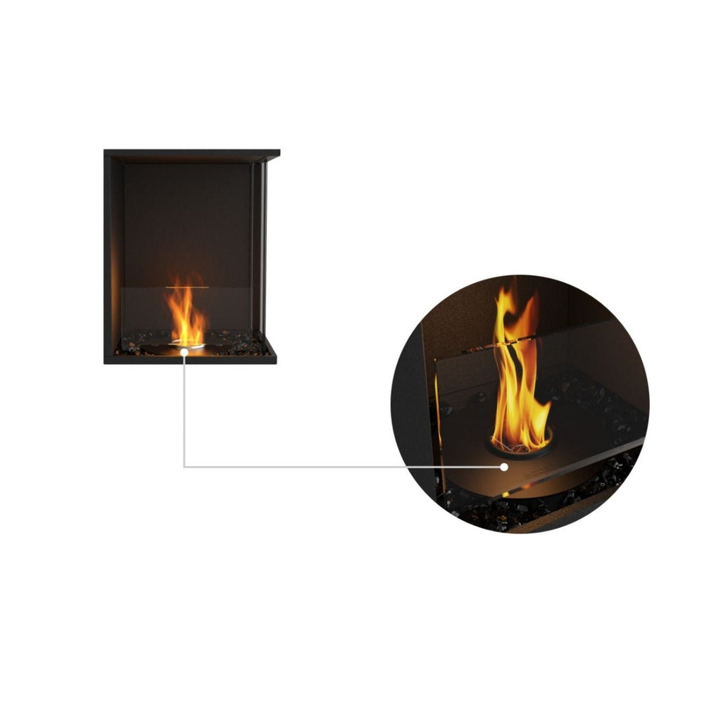 EcoSmart Fire Flex 18 bioethanol fireplace with black frame, glass screen, and a close-up of the burning flame.