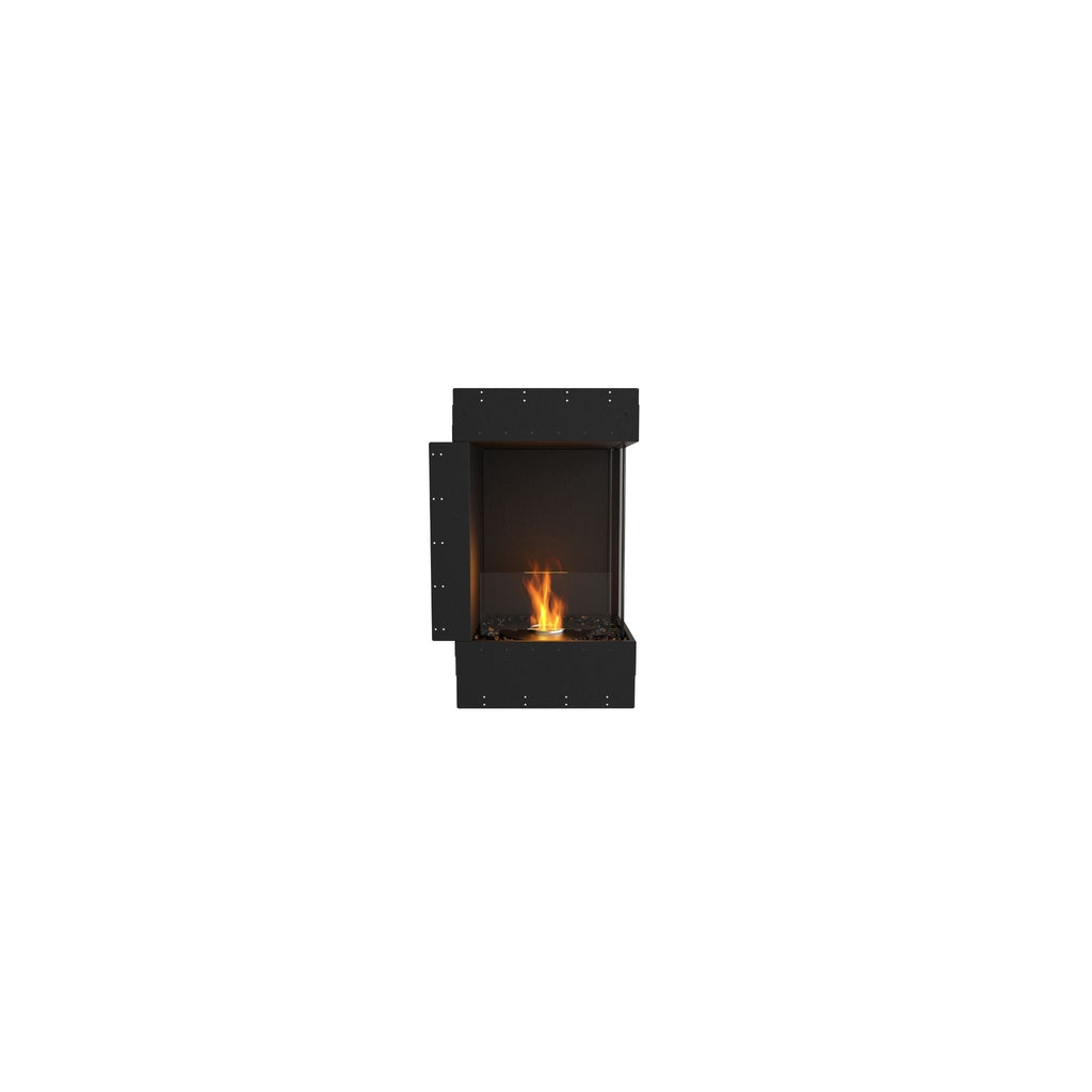 EcoSmart Fire Flex 18 bioethanol fireplace with a black frame, glass side panel, and a single flickering flame.